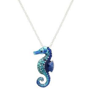 Seahorse Necklace Sea Horse Pendant SILVER BLUE Enamel Sea Life Jewelry